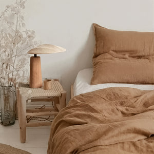 Lampe Naturelle en Bois Massif – Design Organique avec Abat-Jour en Lin