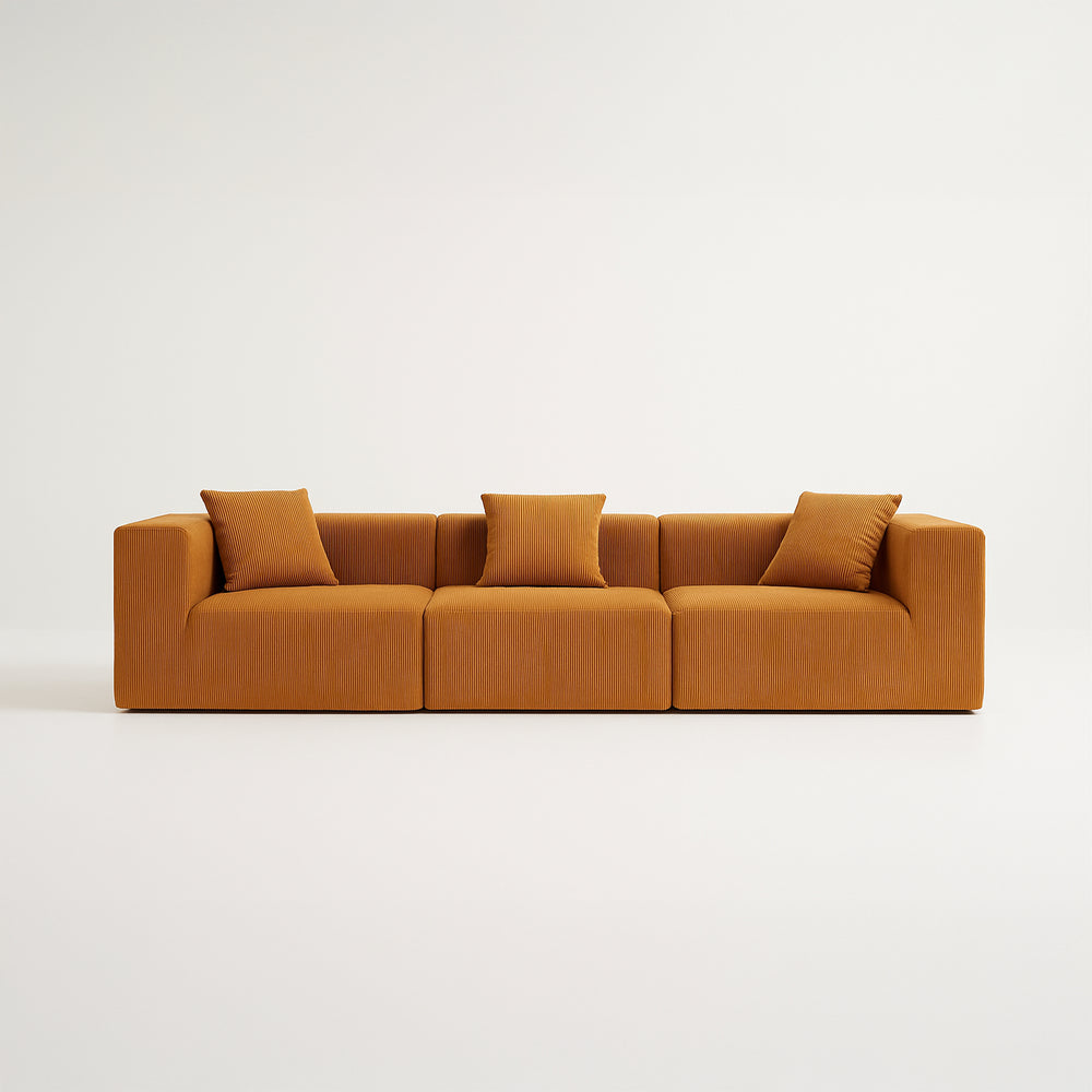 Canapé 3 Places – Velours Côtelé Sablé & Design Cubique